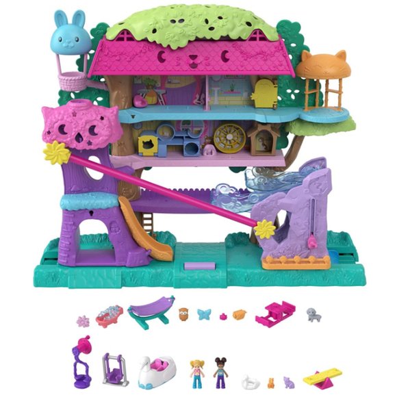 Polly Pocket Doll House, Pet Adventure Treehouse and 2 Dolls, Mini Toys - Picture 1 of 6
